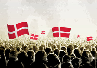 Crowd with the flags of Denmark, people cheering national team of Denmark. Ai generated illustration of crowd.