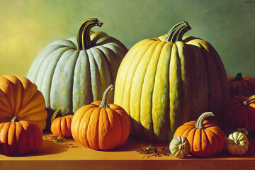 painting of pumpkins and gourds on a table