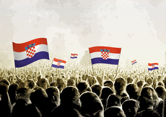 Crowd with the flags of Croatia, people cheering national team of Croatia. Ai generated illustration of crowd.