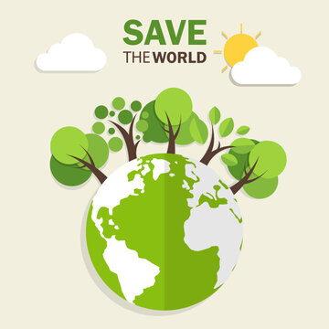 Ecology concept with green eco earth and trees. World environment day poster. Save the world sustainable development. vector illustration in flat style modern design.