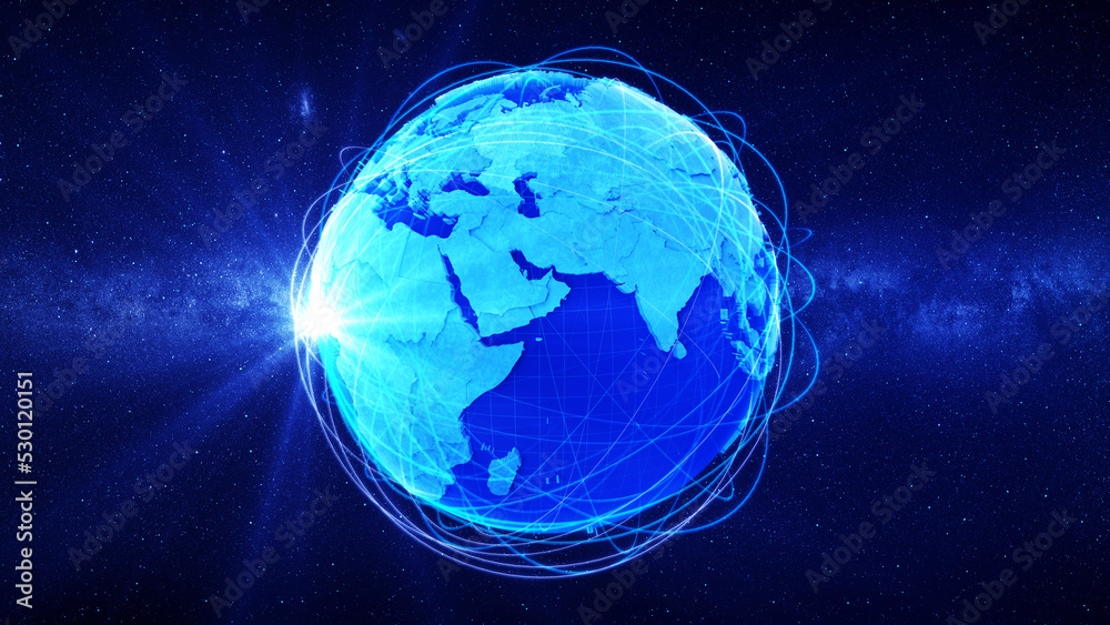 Poster Global international connectivity background/Community lines around earth. Motion of digital data flow. Futuristic technology theme background with Light Effect. 