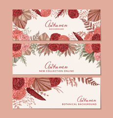 Set of autumn horizontal banners with modern floral elements. Hand drawn botanical vector illustration. Space for text