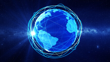 Global international connectivity background/Community lines around earth. Motion of digital data flow. Futuristic technology theme background with Light Effect. 