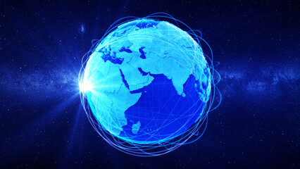 Fototapeta na wymiar Global international connectivity background/Community lines around earth. Motion of digital data flow. Futuristic technology theme background with Light Effect. 