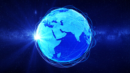 Global international connectivity background/Community lines around earth. Motion of digital data flow. Futuristic technology theme background with Light Effect. 