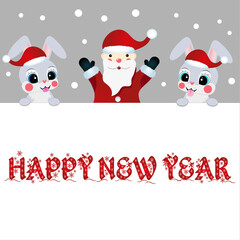 2023 year of rabbit. Cute christmas bunny in santa hat. Chinese New Year symbol. Festive greeting card. Vector illustration isolated on white background.
