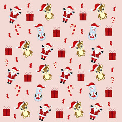 Christmas seamless pattern with deer, santa claus, gifts and candy. Can be used for fabric, wrapping paper, scrapbooking, textile, poster, banner and other christmas design. Flat style.