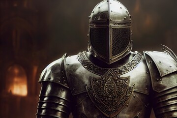 Knight in shining armor. Medieval 3D render. Epic warrior. Fantasy swordman. Middle age soldier with plated armor. Fantasy illustration.