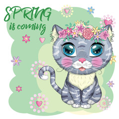 Cartoon cat with a wreath. Spring is coming. Cute child character, symbol of 2023 new chinese year