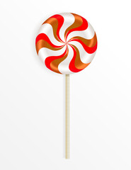 Sweet twisted candy lollipop with Halloween striped pattern on wooden stick isolated on white background. Realistic vector cartoon illustration.