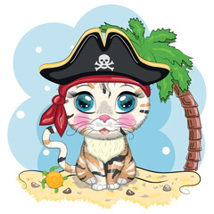 Cat pirate, cartoon character of the game, wild animal cat in a bandana and a cocked hat with a skull, with an eye patch.