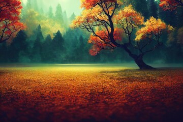 Autumn forest, lake, CG, Japanese autumn