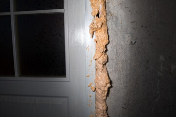 Installing door with a spray foam. Repair works. Maintenance in the apartment. Renovation room.