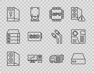 Set line Case of computer, Server, Data, Web Hosting, Processor with CPU, Computer monitor, SSD card, Video graphic and Motherboard digital chip icon. Vector