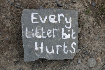 Every Litter Bit Hurts written on a rock at a local nature reserve in Tan-Y-Bwlch, Aberystwyth