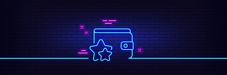 Neon light glow effect. Loyalty program line icon. Bonus points. Discount wallet symbol. 3d line neon glow icon. Brick wall banner. Loyalty program outline. Vector