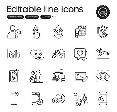 Set of Business outline icons. Contains icons as Swipe up, Volunteer and Warning message elements. Refrigerator, Eye detect, Arrivals plane web signs. Upper arrows, Organic product. Vector