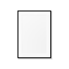 Realistic picture frame with black border and shadow. Isolated on white background. Minimalistic geometric design. Empty space for your content. Can be used like mockup, template, poster, card etc