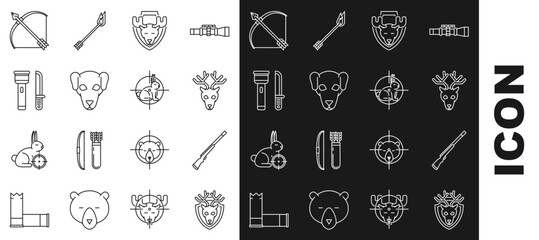 Set line Deer head with antlers on shield, Hunting gun, Moose, dog, Flashlight and knife, Bow arrow quiver and rabbit crosshairs icon. Vector