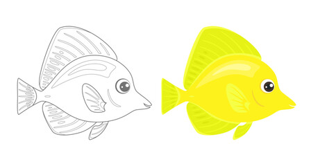 Coloring page outline of cartoon yellow tang. Funny vector ocean coral reef fish zebrasoma. Simple flat illustration. Coloring book for children. 