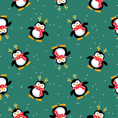 Cute penguins Christmas seamless pattern. Green background with snow and snowman