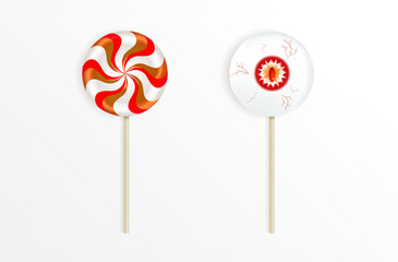 Sweet candies twisted lollipop with Halloween striped pattern and eye on wooden sticks isolated on white background. Realistic vector cartoon illustration.