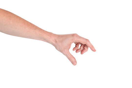 Realistic human hand showing gesture. White skin man arm isolated on transparent background. Hand fingers pinching grabing something small