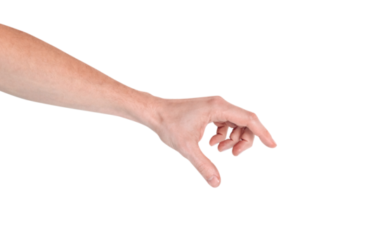 Realistic human hand showing gesture. White skin man arm isolated on transparent background. Hand fingers pinching grabing something small