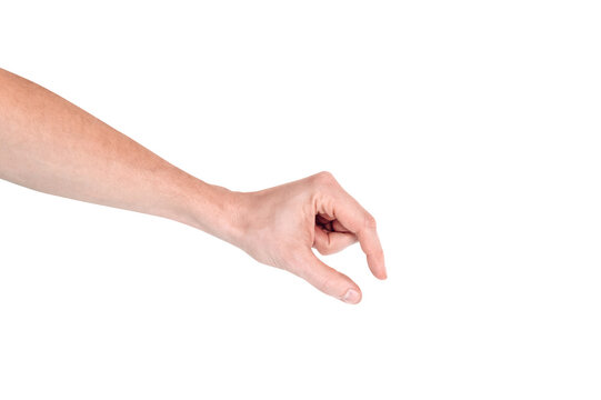 Realistic human hand showing gesture. White skin man arm isolated on transparent background. Hand fingers pinching grabing something small