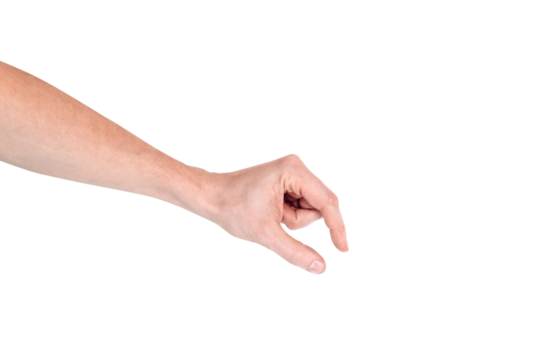 Realistic human hand showing gesture. White skin man arm isolated on transparent background. Hand fingers pinching grabing something small - Powered by Adobe