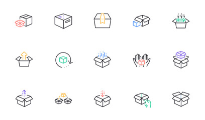 Box line icons. Package, delivery boxes, cargo box. Cargo distribution, export boxes, return parcel icons. Shipment of goods, open package. Linear set. Bicolor outline web elements. Vector