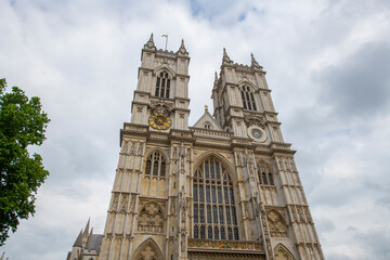 Fototapeta na wymiar Westminster Abbey with Gothic style is located next to Palace of Westminster in city of Westminster in London, England, UK. This church is UNESCO World Heritage Site since 1987. 