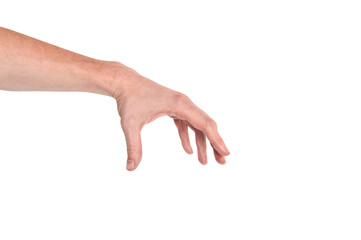 Realistic human hand showing gesture. White skin man arm isolated on transparent background. Hand...