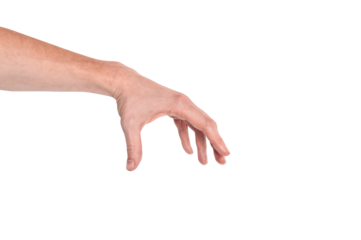 Realistic human hand showing gesture. White skin man arm isolated on transparent background. Hand fingers grabing something small