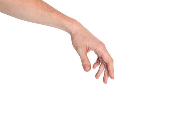 Realistic human hand showing gesture. White skin man arm isolated on transparent background. Relaxed palm