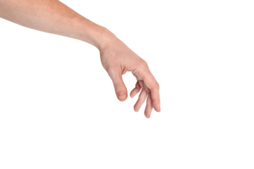 Realistic human hand showing gesture. White skin man arm isolated on transparent background. Relaxed palm