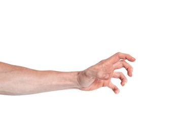 Realistic human hand showing gesture. White skin man arm isolated on transparent background. Angry nervous palm with clenched fingers.