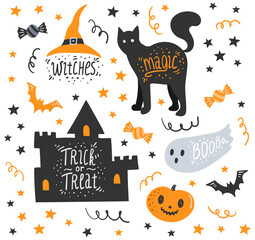 Happy Halloween set: castle, cat, pumpkin, hat, spirit