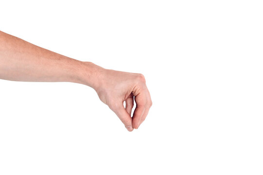 Realistic human hand showing gesture. White skin man arm isolated on transparent background. Hand fingers pinching grabing something small