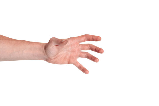 Realistic human hand showing gesture. White skin man arm isolated on transparent background. Hand fingers grabing something small