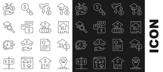 Set line Location house, House with dollar, Rent key, Price negotiation, Search, Bicycle rental mobile app and icon. Vector