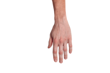 Realistic human hand showing gesture. White skin man arm isolated on transparent background. Straight relaxed fingers, top view arm