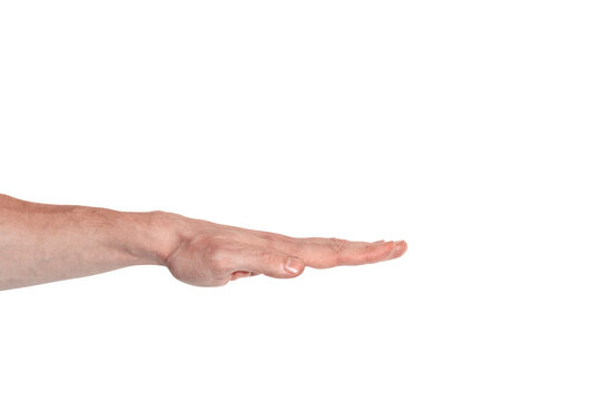 Realistic human hand showing gesture. White skin man arm isolated on transparent background. Straight fingers, side view arm