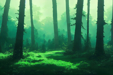 Calm peaceful forest. Beautiful green trees. Digital art.