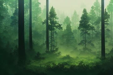 Obraz premium Calm peaceful forest. Beautiful green trees. Digital art.