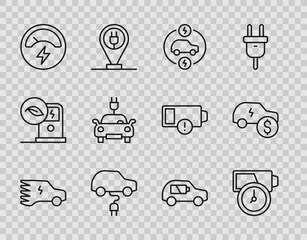 Set line Electric car, Battery charge, Voltmeter, and price icon. Vector