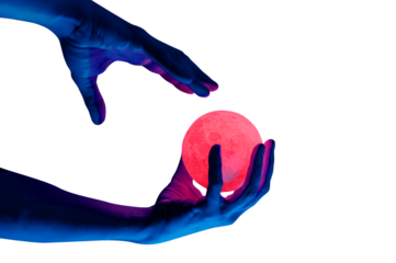 Human migician hand holding red illuminated sphere. Surrealistic collage element, contemporary art for design, posters and banners. Neon purple light. Pop fantasy style