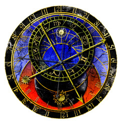 Naklejka premium Astronomical clock in grunge style on transparent background