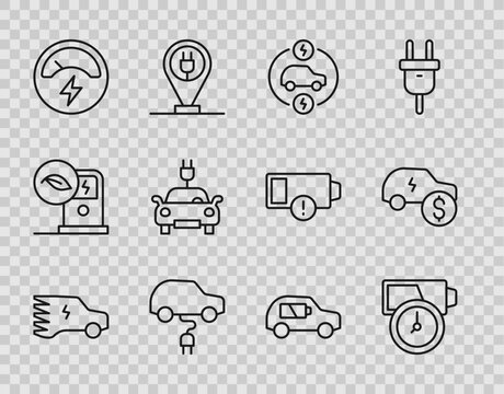 Set Line Electric Car, Battery Charge, Voltmeter, And Price Icon. Vector