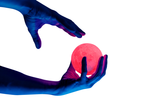 Human migician hand holding red illuminated sphere. Surrealistic collage element, contemporary art for design, posters and banners. Neon purple light. Pop fantasy style